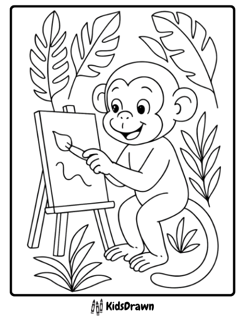 An artistic monkey coloring page showing a creative monkey in the jungle painting on a canvas