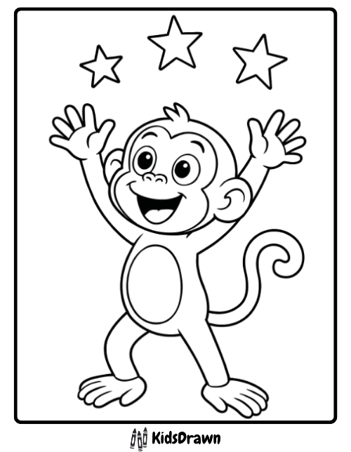 An exciting monkey coloring page with a joyful monkey reaching for the stars, perfect for inspiring creativity