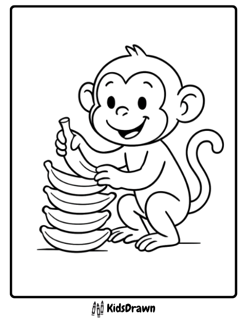 A fun monkey coloring page for kids showing a playful monkey stacking a pile of bananas