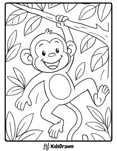 A classic jungle-themed monkey coloring page depicting a happy monkey swinging from a leafy vine