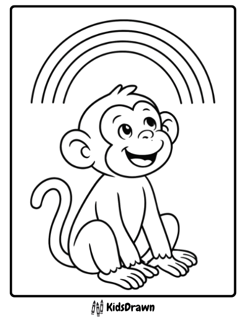 A simple monkey coloring page featuring a cute monkey sitting happily under a bright rainbow