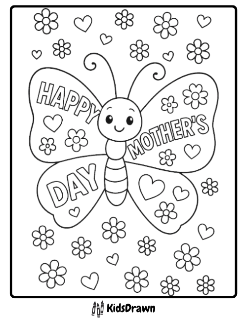 Happy Mother's Day coloring page featuring a cute butterfly surrounded by hearts and simple spring flowers