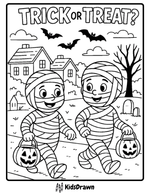 Cute mummies trick or treating with pumpkin buckets at night