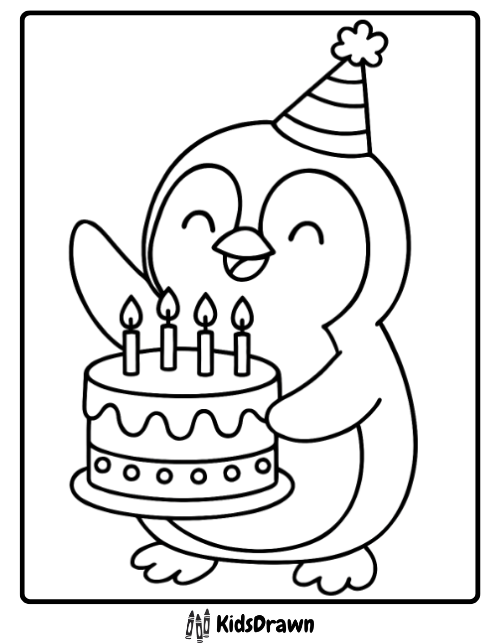 Penguin Birthday Cake smiling penguin holding a birthday cake with candles, festive Penguin Coloring Pages for celebrations