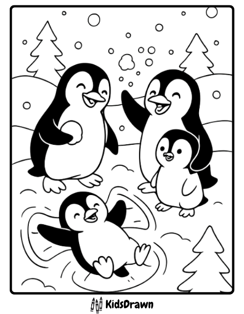 → Penguin Family Enjoying Snow playful penguin family making snow angels and snowballs, delightful Penguin Coloring Pages