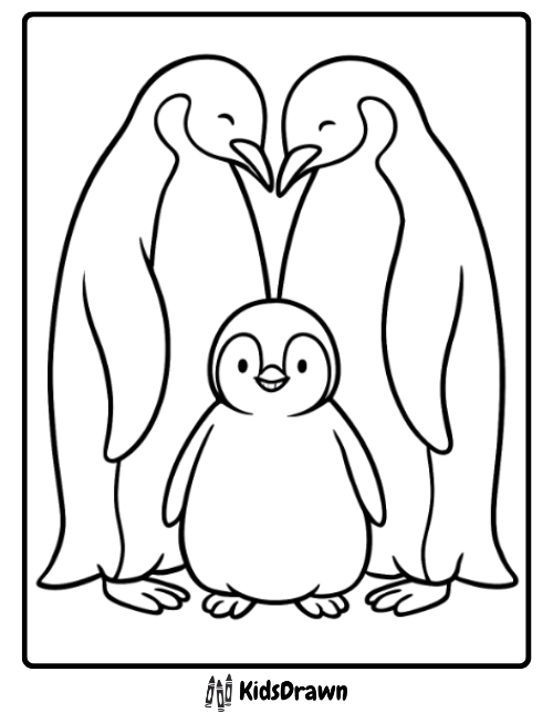 Penguin Family Huddling touching scene of penguin parents cuddling baby chick, heartwarming family Penguin Coloring Pages