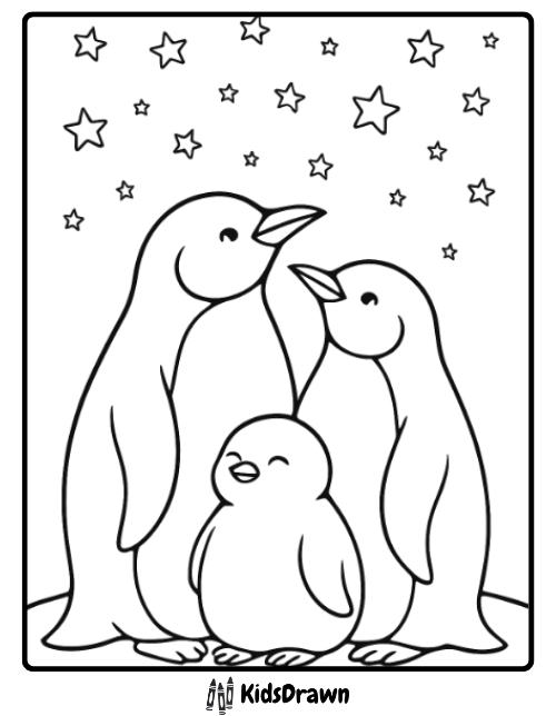 Penguin Family Night Sky heartwarming family of penguins under stars, adorable Penguin Coloring Pages for kids
