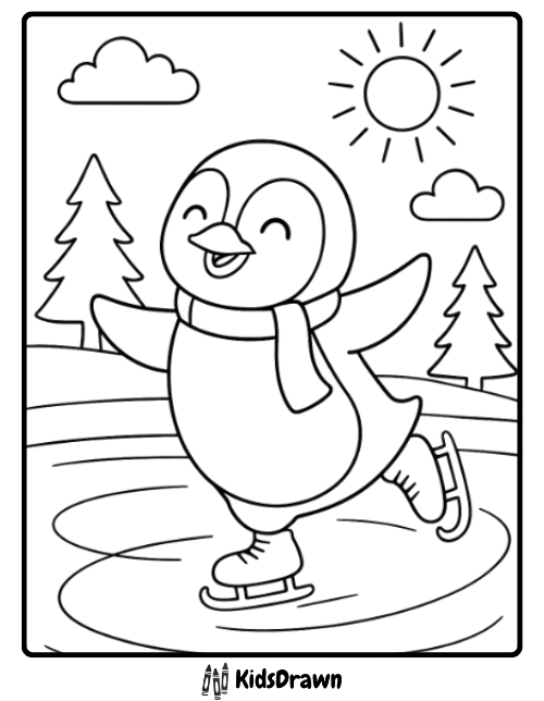 Penguin Ice Skating Frozen Lake happy penguin skating on frozen lake under the sun, joyful Penguin Coloring Pages printable