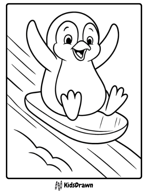 Penguin Ice Sled cute penguin sledding down a snowy hill, exciting Penguin Coloring Pages for children