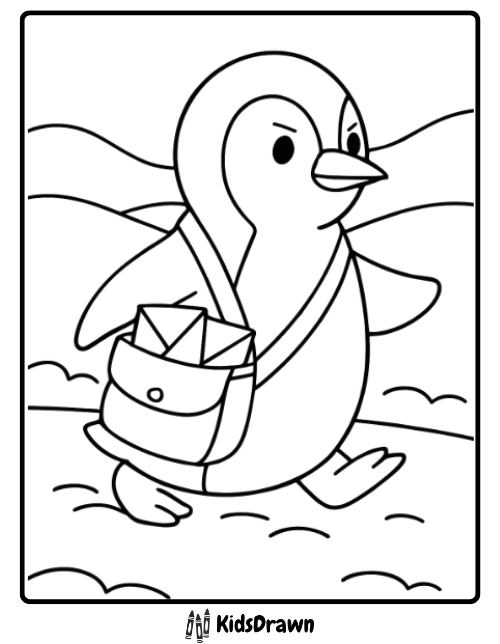Penguin Mail Delivery determined penguin carrying letters in a mailbag, creative Penguin Coloring Pages for kids