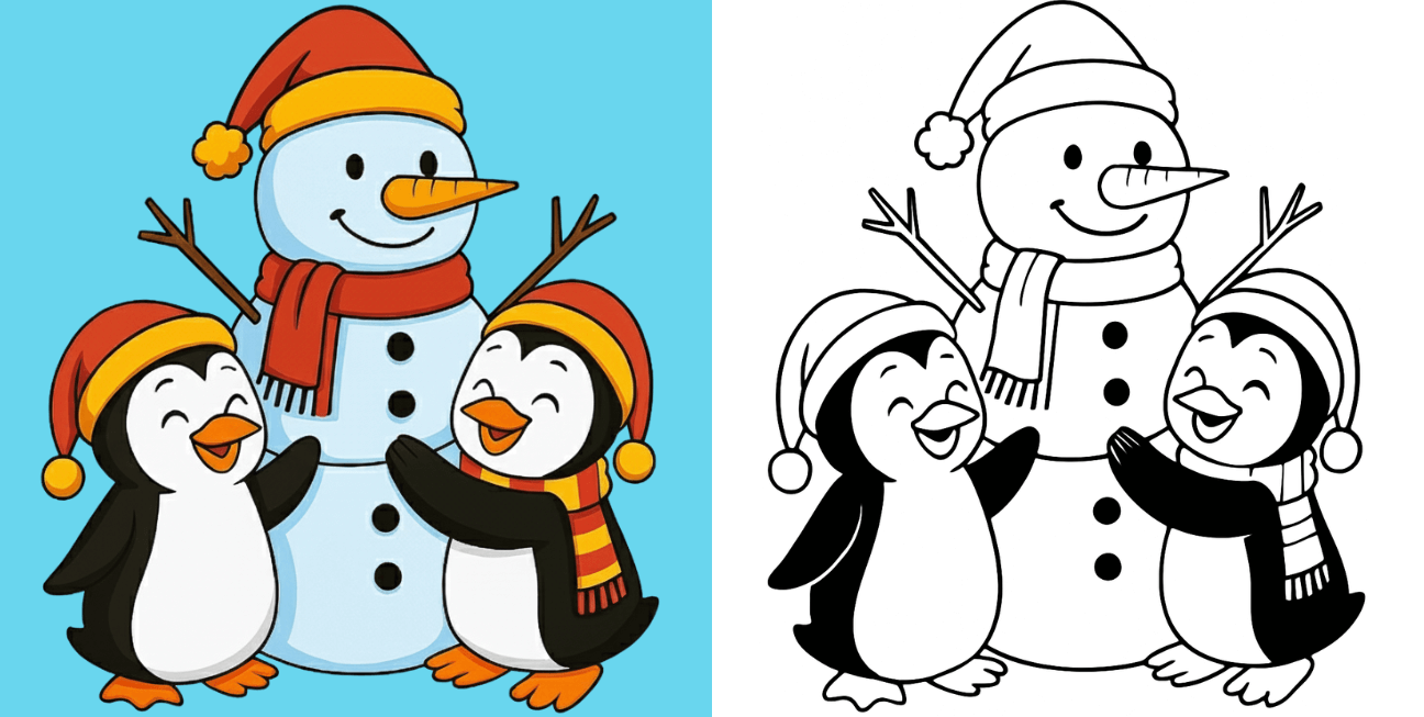 Two cute penguins building a snowman together fun and festive Penguin Coloring Pages for kids, perfect for winter and Christmas crafts