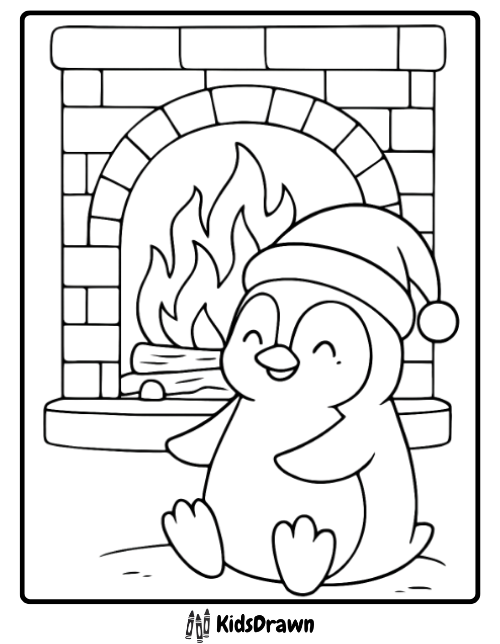 Penguin Santa Hat Fireplace cozy penguin sitting by the fireplace wearing Santa hat, festive Christmas Penguin Coloring Pages
