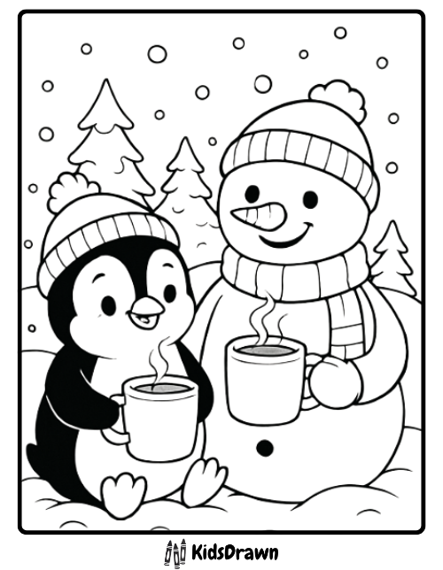 Adorable penguin and snowman drinking hot cocoa together in the snow Penguin Coloring Pages for winter fun