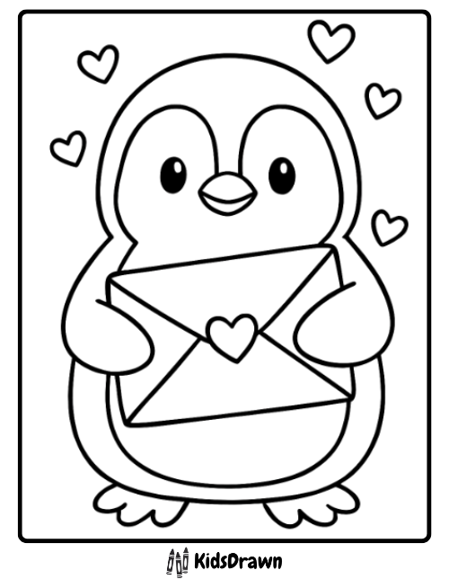 Sweet penguin holding a heart envelope for Valentine’s Day Penguin Coloring Pages with love theme