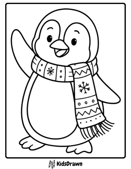 Happy penguin waving while wearing a festive scarf Penguin Coloring Pages perfect for holidays
