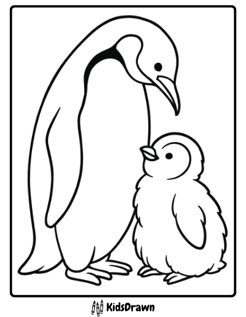 Parent penguin looking lovingly at baby chick Penguin Coloring Pages showing family love