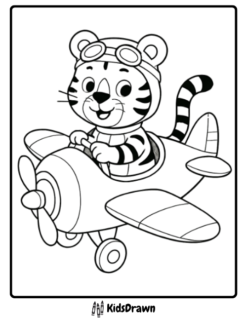 Happy tiger flying a toy airplane adventurous and fun aviation themed tiger coloring pages for kids