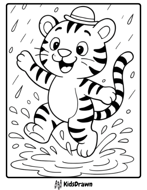 Joyful tiger splashing in puddles during rain fun outdoor themed tiger coloring pages for kids