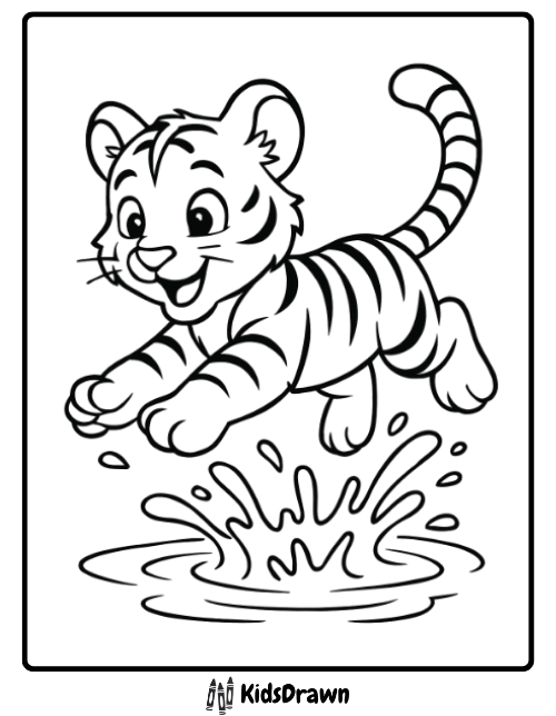 Happy tiger jumping and splashing in water joyful outdoor themed tiger coloring pages for kids