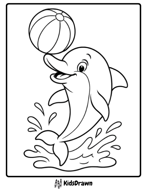 Outline drawing of a cheerful dolphin balancing a striped beach ball on its nose while jumping and splashing in the water, a fun coloring sheet