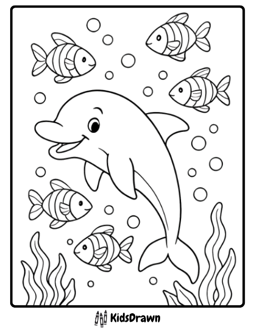Happy dolphin swimming among five striped "rainbow" fish, bubbles, and seaweed, an underwater scene coloring page for kids