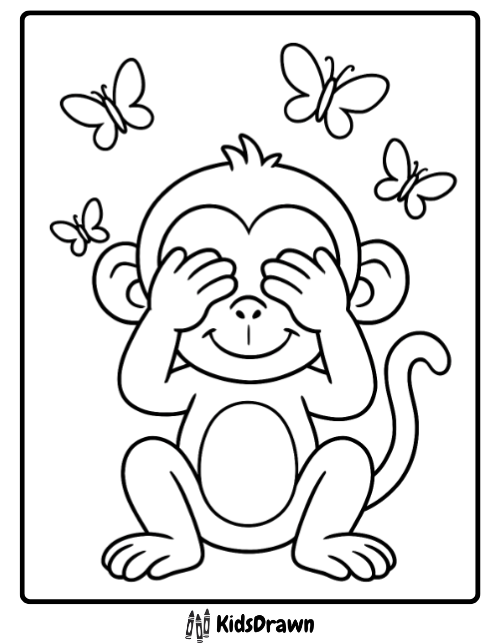 A fun "peek-a-boo" monkey coloring page depicting a monkey covering its eyes while surrounded by butterflies