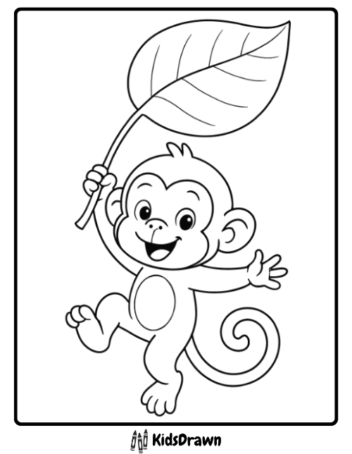 A whimsical monkey coloring page with a happy monkey using a large leaf as a parachute or umbrella