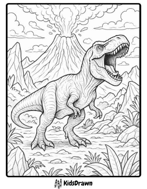 Fierce T-Rex roaring near volcano with smoke and mountains