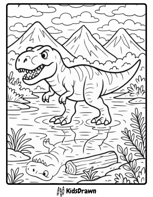 Tyrannosaurus Rex walking near river with reflection