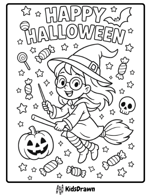 Smiling witch girl flying on broom with pumpkin and candies