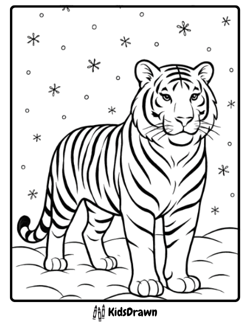 Majestic tiger standing in falling snow calm and realistic winter themed tiger coloring pages for kids