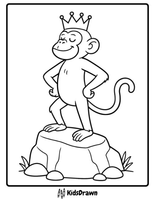 A royal monkey coloring page depicting a proud monkey wearing a crown, standing triumphantly on a large rock