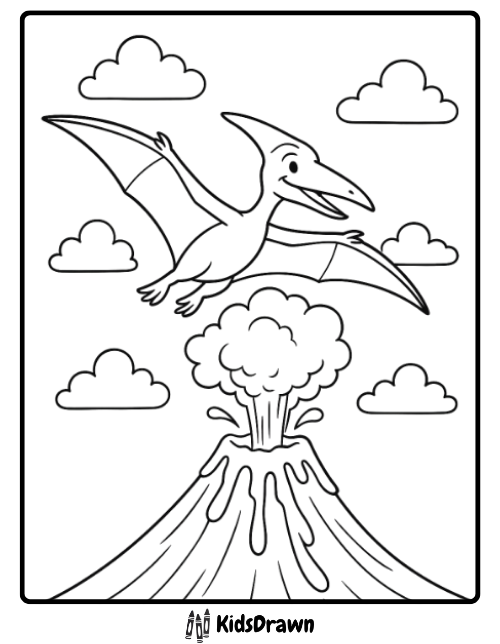 Smiling pterodactyl flying above erupting volcano with clouds