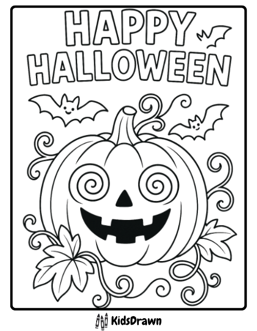 Happy Halloween pumpkin with bats swirling spooky leaves
