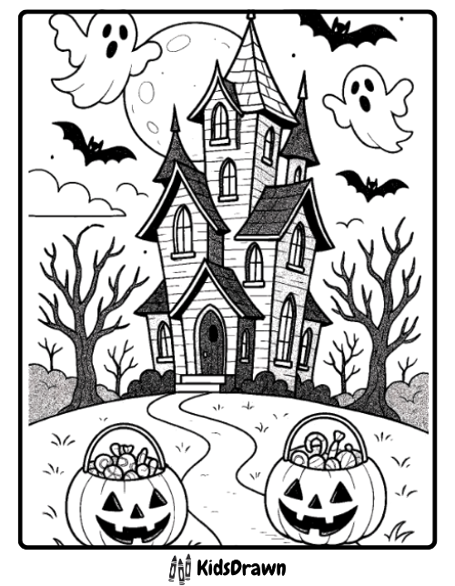 Haunted house with ghosts bats and pumpkin candy buckets