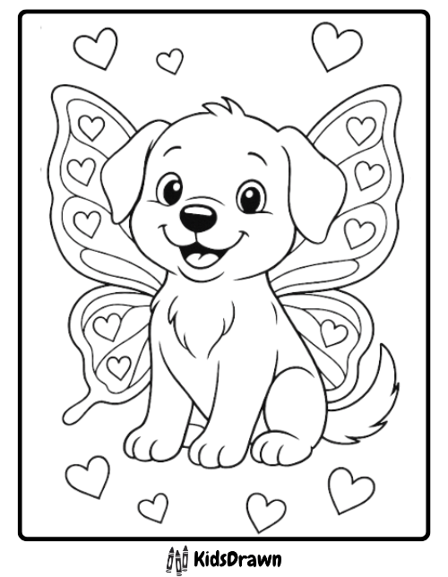 Cute puppy coloring page featuring a smiling dog with heart-patterned butterfly wings and floating hearts