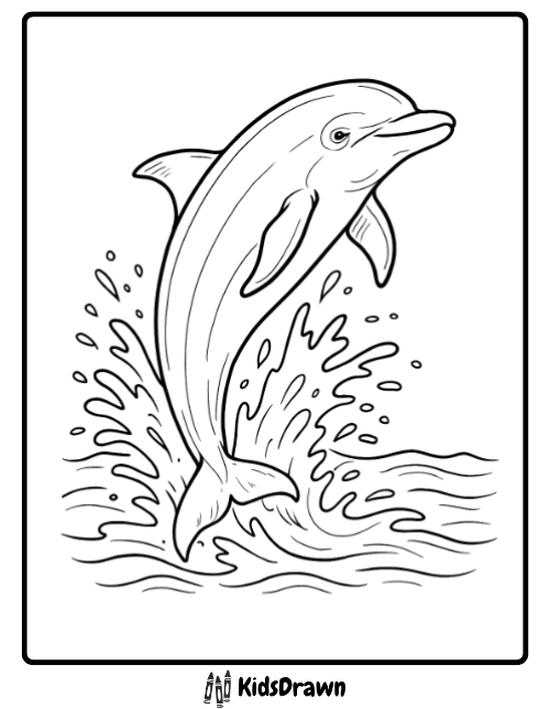 Detailed and realistic coloring page of a dolphin leaping dramatically out of the ocean water, creating a large splash