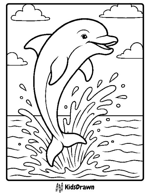 Dynamic coloring page of a happy dolphin leaping high out of the ocean water, creating a large splash, with clouds in the sky