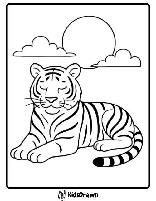 Peaceful tiger lying down under the sunset calm and beautiful tiger coloring pages for kids