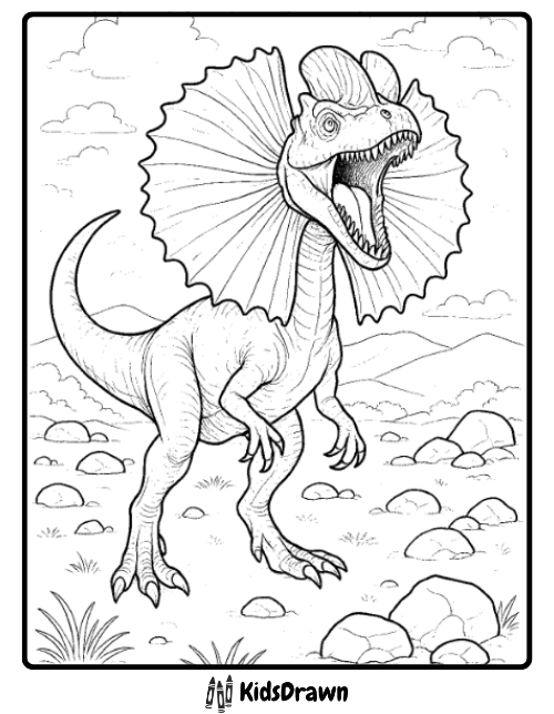 Dilophosaurus roaring with frill expanded in rocky landscape