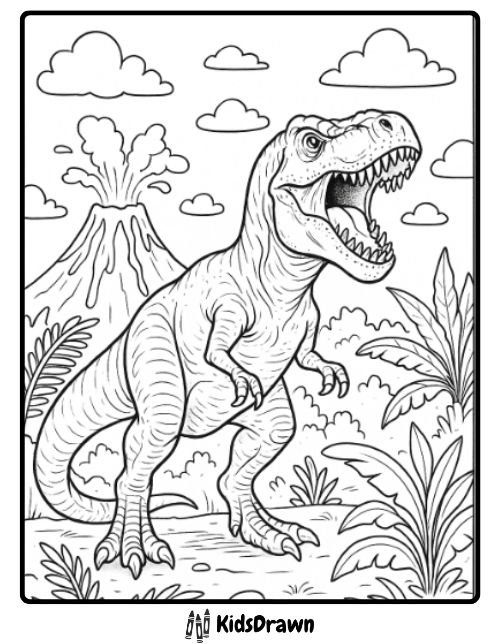 Fierce T-Rex roaring near erupting volcano in jungle scene