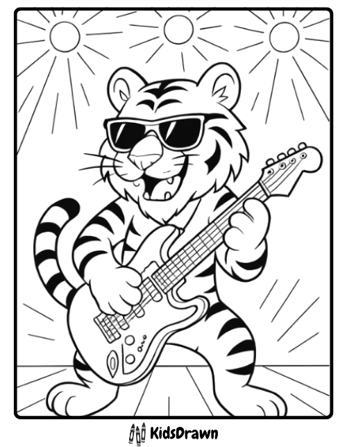 Cool tiger playing electric guitar on stage music themed tiger coloring pages for kids