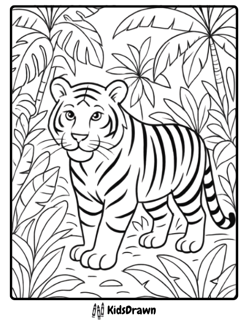 Majestic tiger standing among tropical trees realistic and detailed tiger coloring pages for older kids