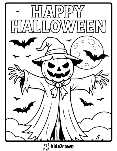 Pumpkin head scarecrow with bats full moon and night sky