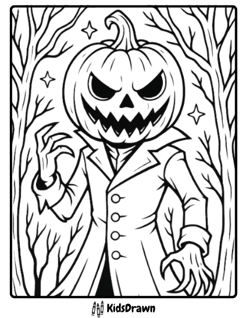 Creepy pumpkin head monster in forest spooky Halloween art