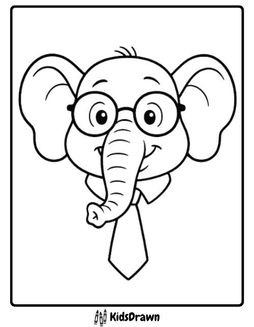 Cute scholarly cartoon elephant with a necktie, perfect for elephant coloring pages