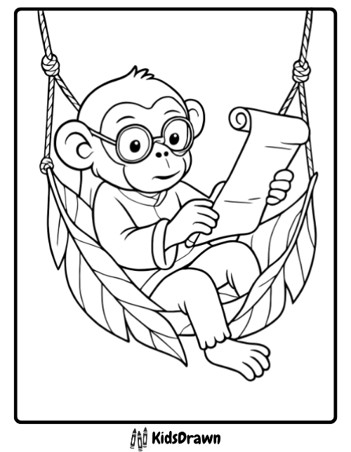 A scholarly monkey coloring page featuring a smart monkey with glasses, reading a scroll while relaxing in a leaf hammock