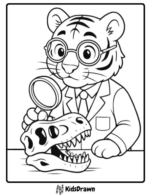 Smart tiger scientist examining a dinosaur skull fun educational tiger coloring pages for children