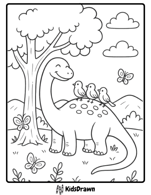 Gentle dinosaur standing under tree with birds and butterflies