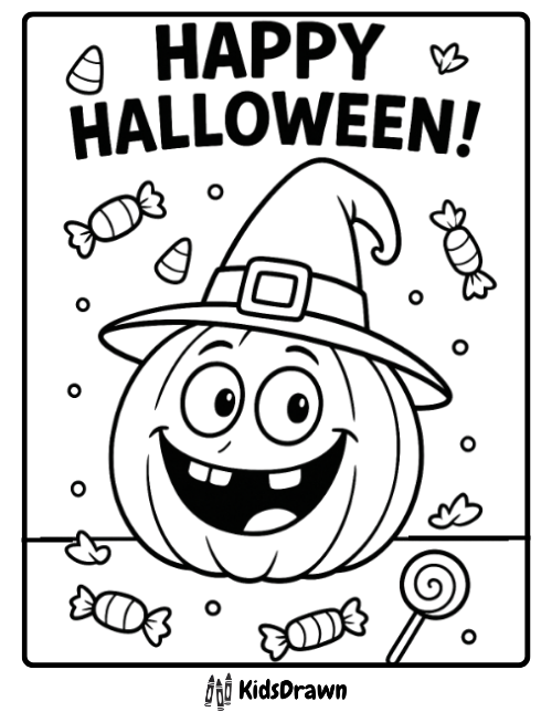 Funny pumpkin wearing witch hat surrounded by Halloween candy